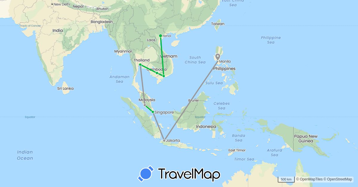 TravelMap itinerary: driving, bus, plane in Indonesia, Cambodia, Malaysia, Philippines, Singapore, Thailand, Vietnam (Asia)